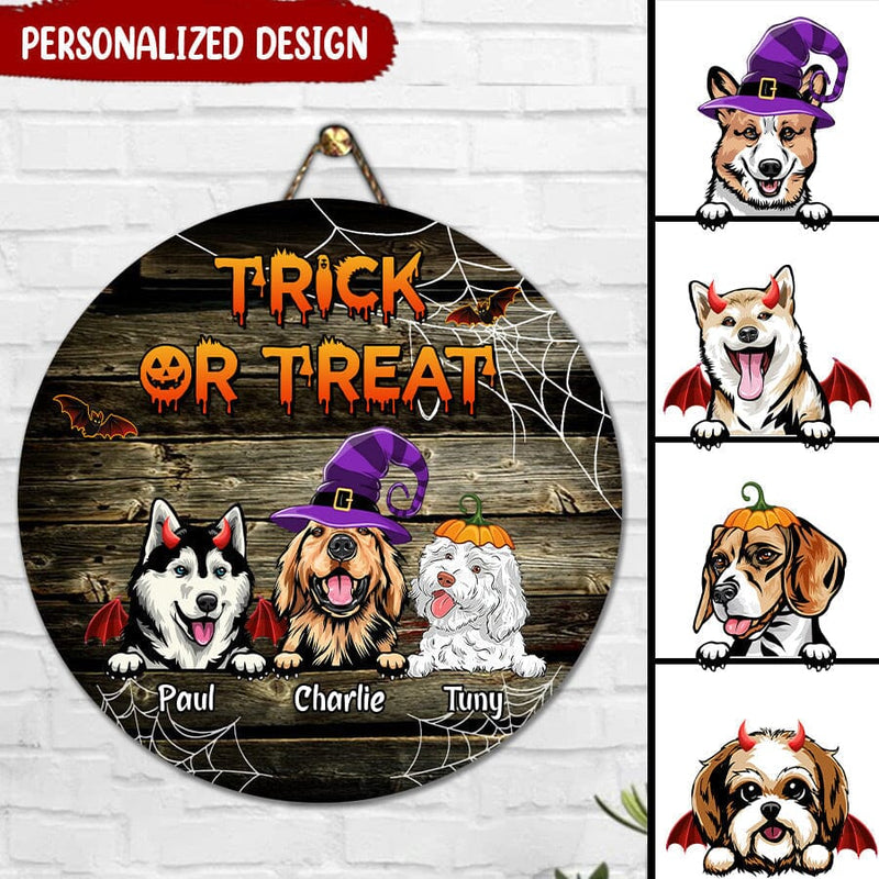 Personalized Halloween Dog Trick or Treat Circle Wood Sign