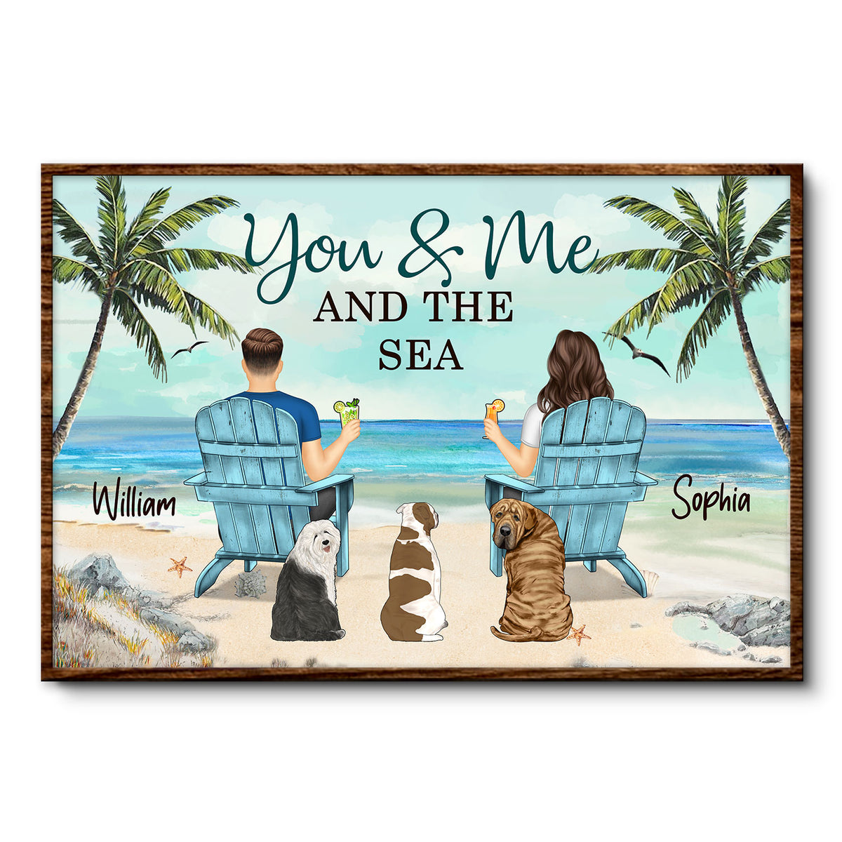 Discover You Me And The Sea And Dogs Back View Couple Sitting Beach Landscape Personalized Poster