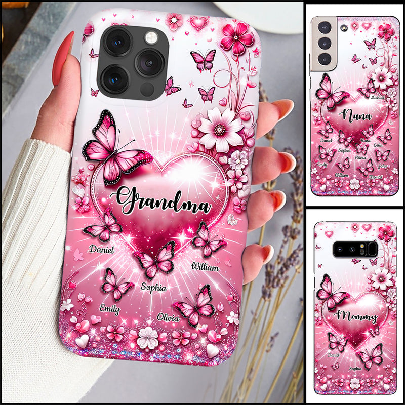 Discover Sparkling Pink Butterflies And Flowers Personalized Phone Case For Grandma Mom
