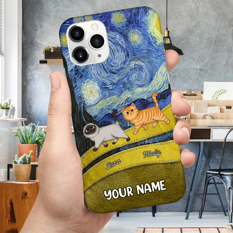 Discover Starry Night Cat Personalized Phone Case, Personalized Gift For Cat Lovers, Cat Dad, Cat Mom