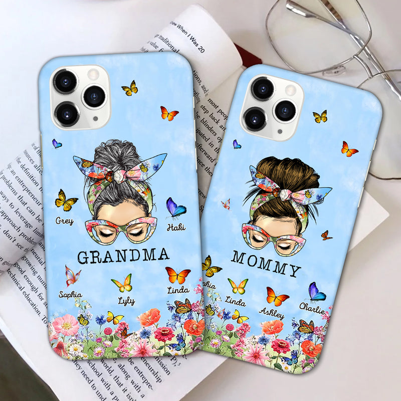 Discover Flowery Messy Bun Grandma Mom Butterfly Kids In Garden Personalized Phone Case