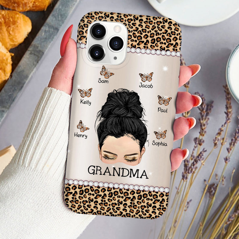 Discover Messy Bun Grandma Mom Nana Leopard Butterfly Kids Personalized Phone case