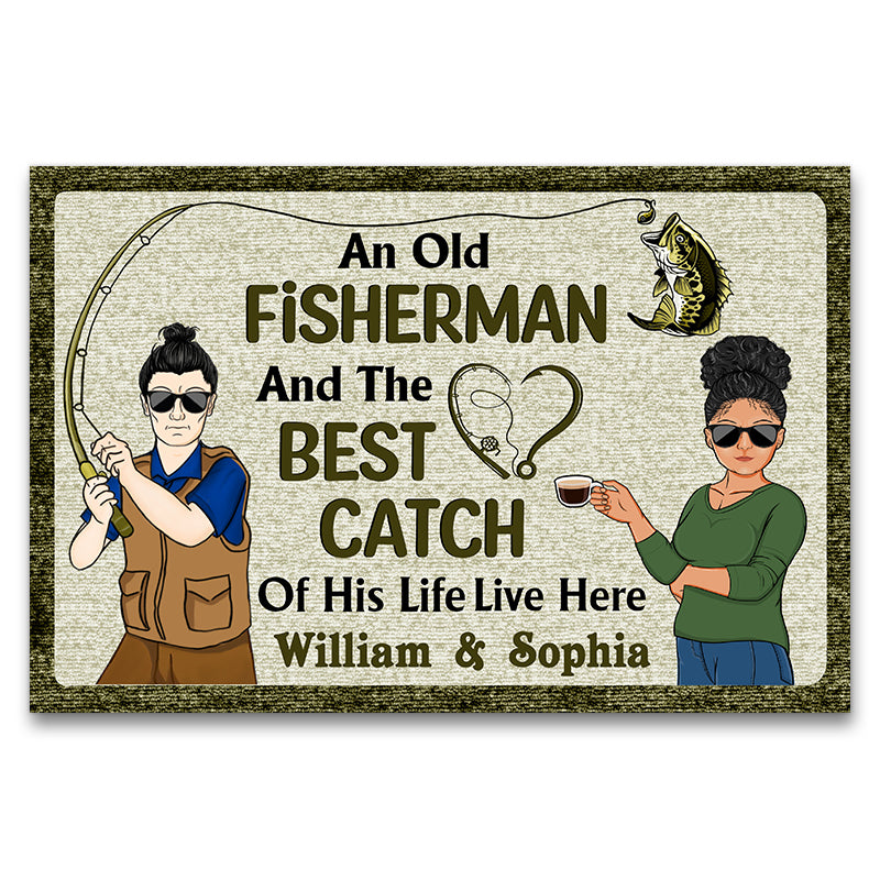 Old Fisherman Best Catch Live Here Custom Fishing Gift Personalized Doormat