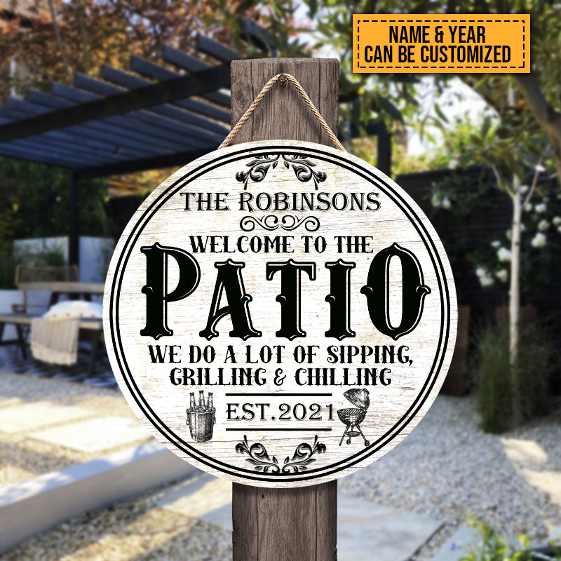 Patio Sipping Grilling Chilling Custom Personalized Wood Door Sign