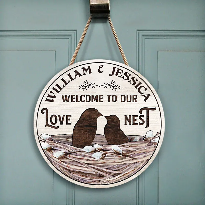 Bird Couple Our Love Nest Custom Personalized Wood Door Sign