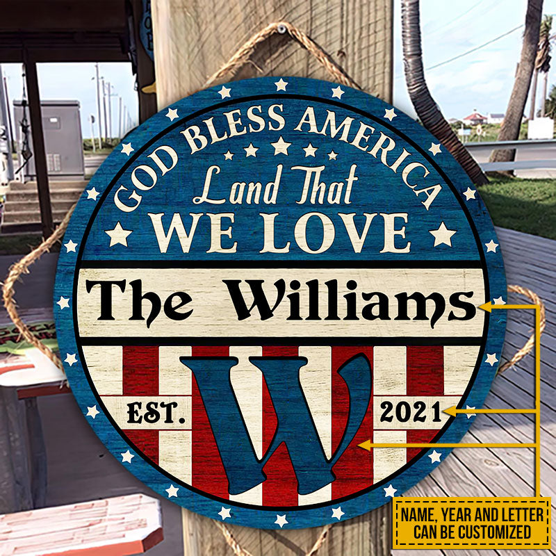 Stars And Stripes God Bless Custom Personalized Wood Door Sign