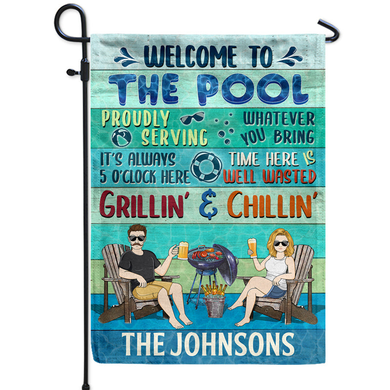 Poolside Proudly Serving Whatever You Bring Husband Wife Couple Personalized Custom Flag