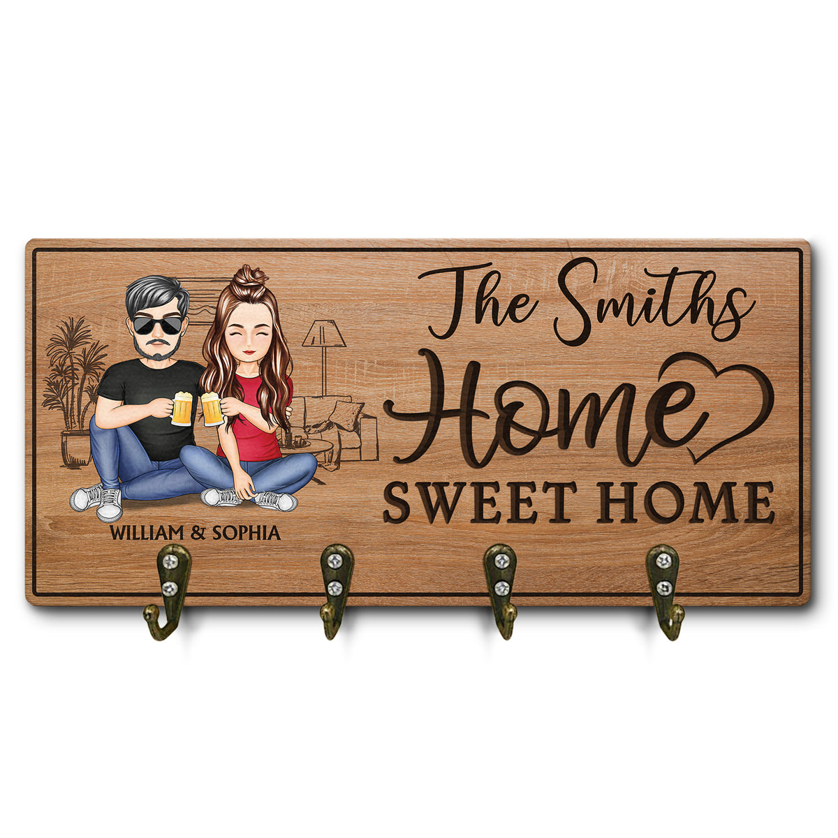 Home Sweet Home Family Custom Gift For Spouse Couple Personalized Wood Key Holder
