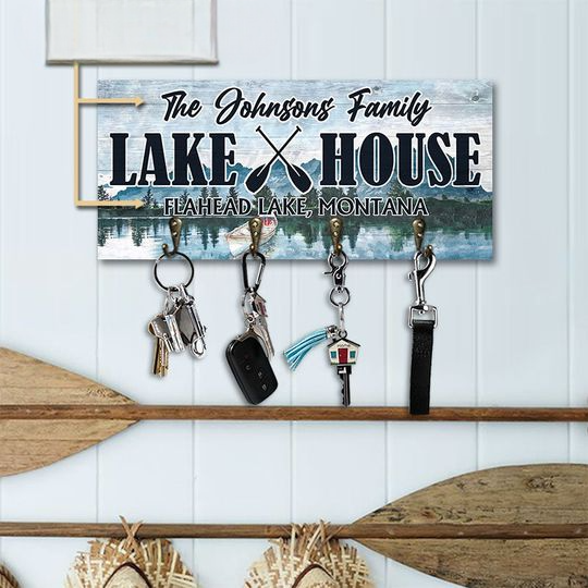 Lake House Hook Rack Lake Art Personalized Custom Wood Key Holder