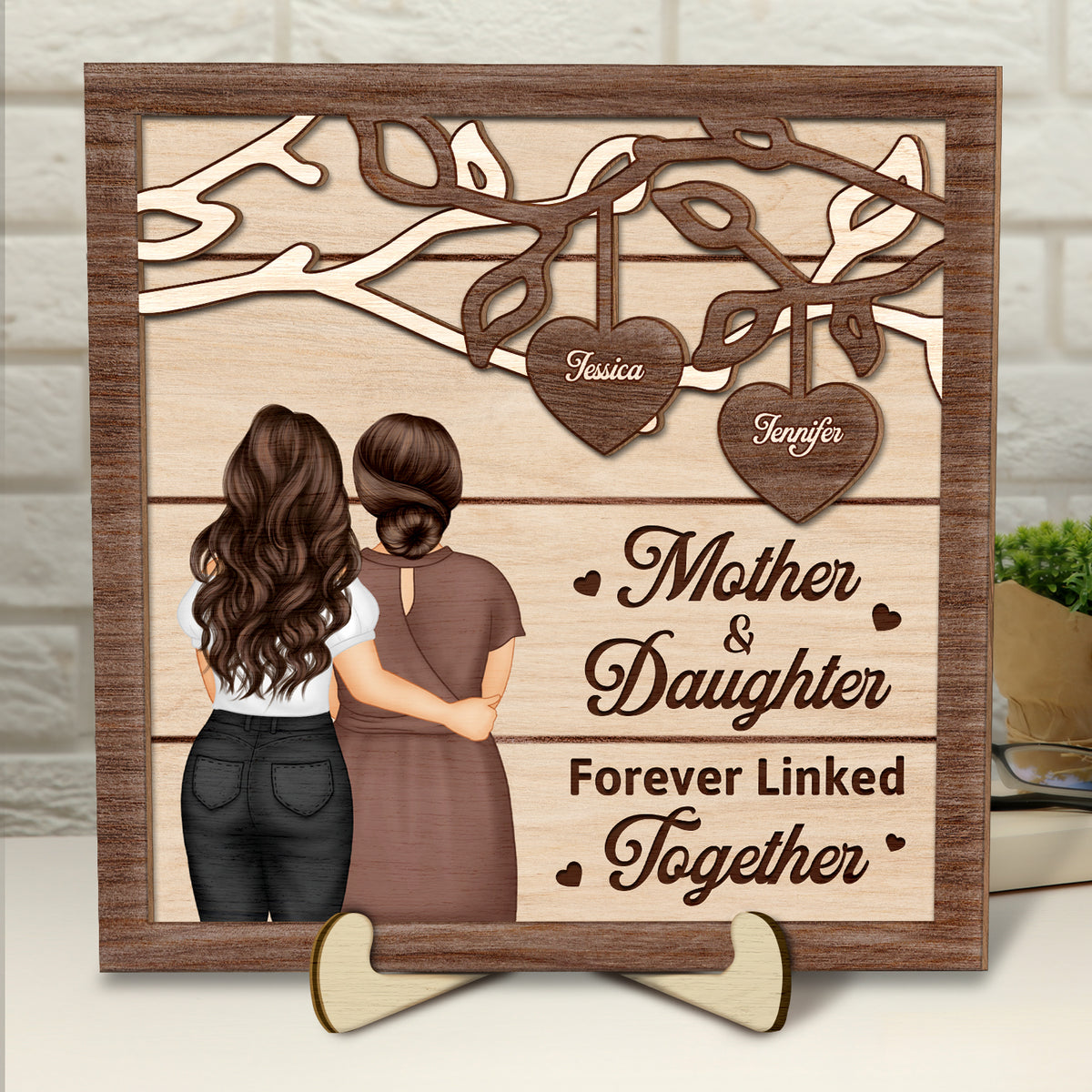 Mother And Daughter Forever Linked Together Custom Gift For Mom Personalized Wooden Plaque