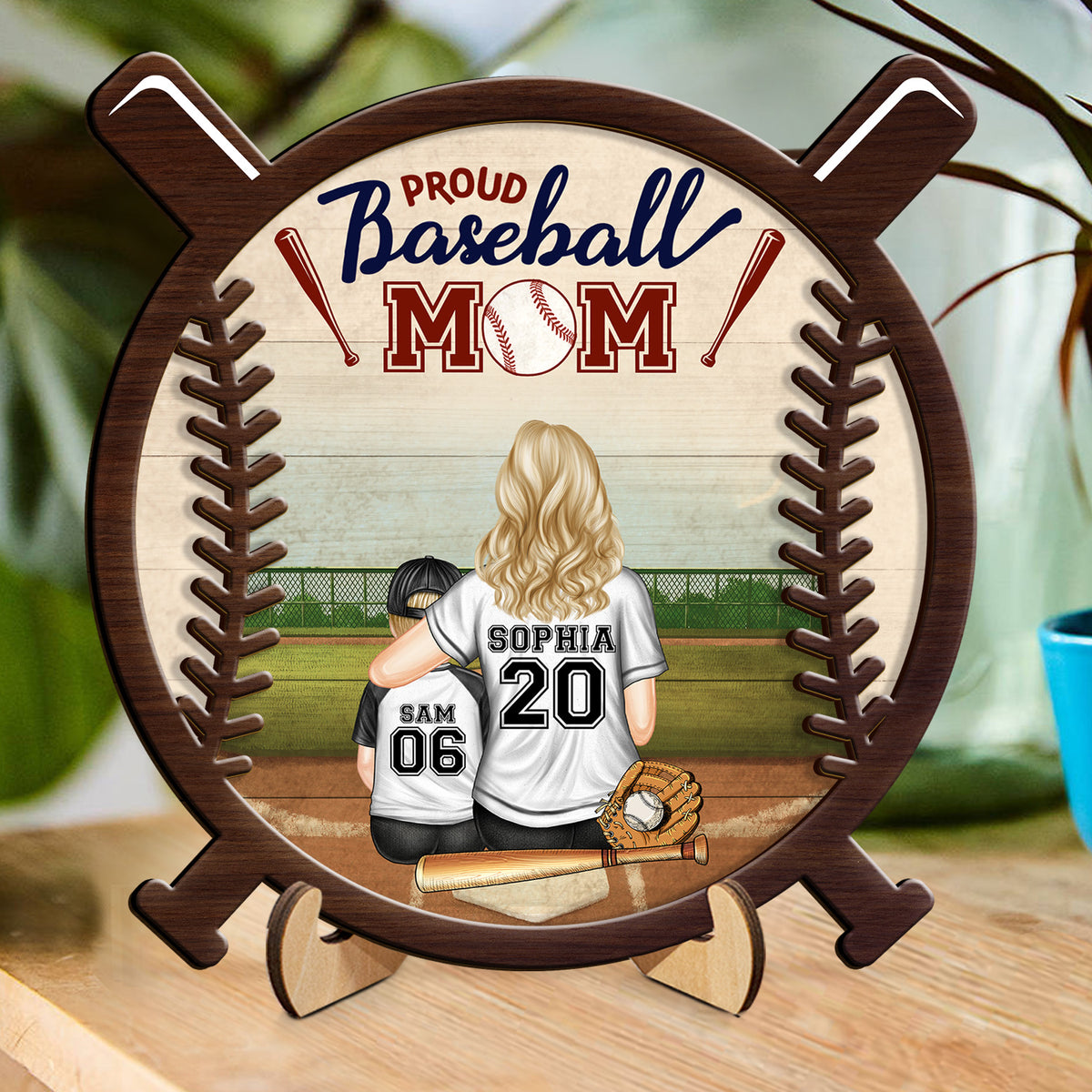 Proud Baseball Mom Custom Gift For Baseball Mother Personalized Wooden Plaque With Stand
