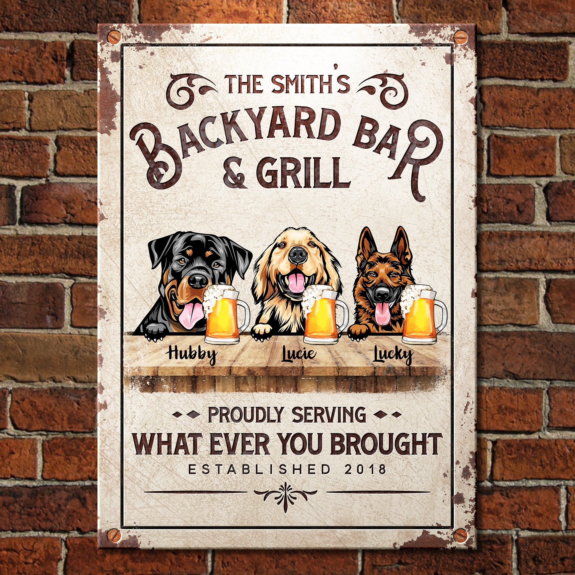 Backyard Bar And Grill Funny Personalized Dog Metal Sign