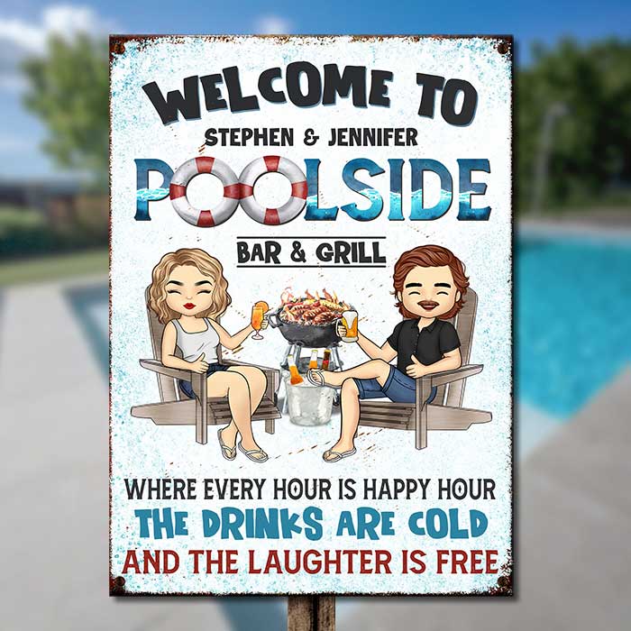 Welcome To Poolside Bar And Grill Custom Gift For Couples Personalized Metal Sign