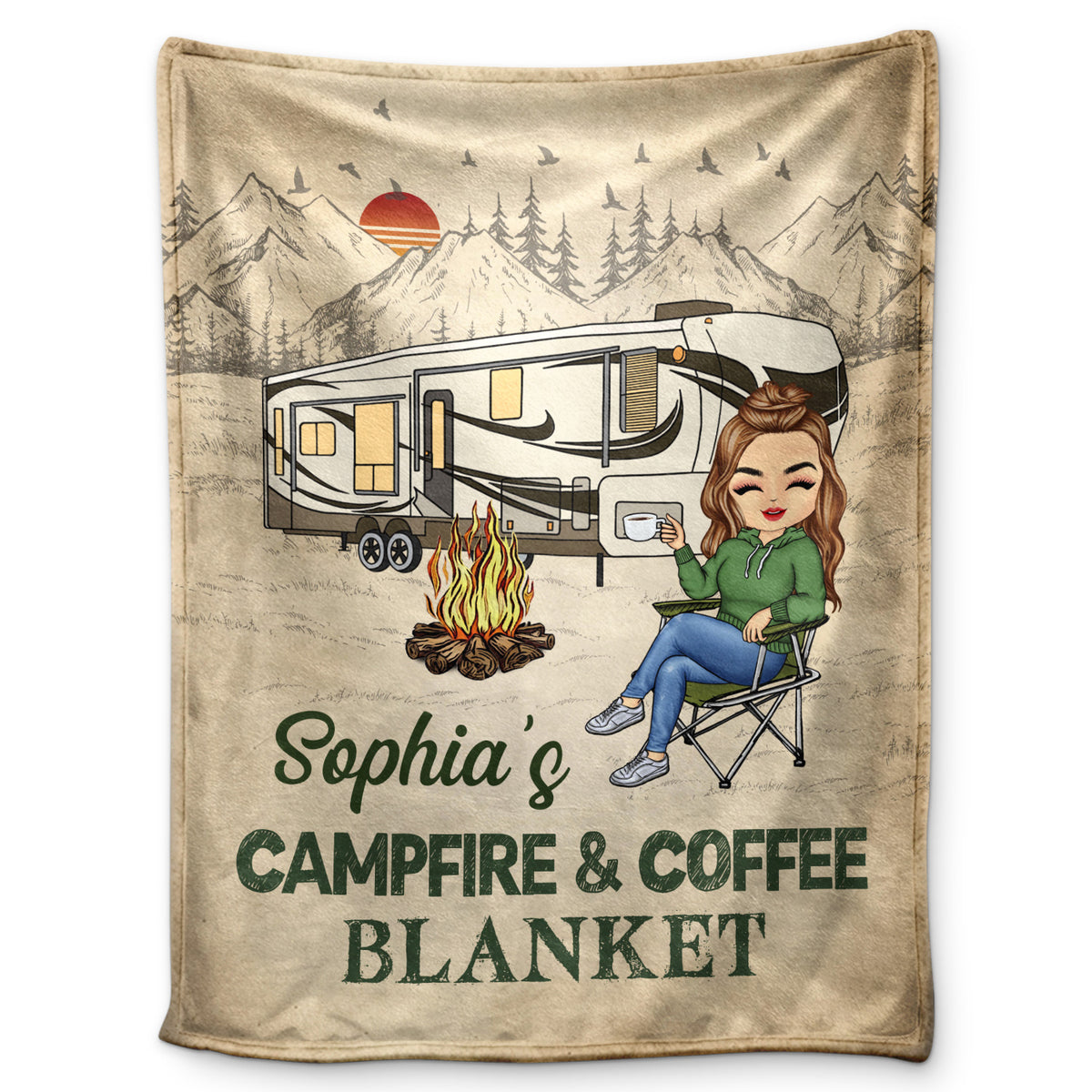 Campfire And Coffee Custom Gift For Camping Lovers Personalized Fleece Blanket