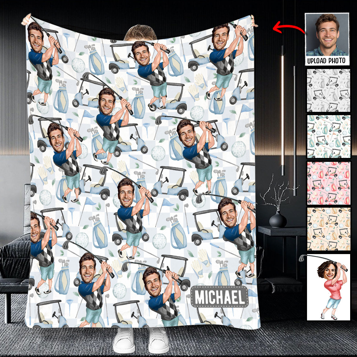 Photo Inserted Funny Golfer Custom His Face Image Personalized Golf Blanket