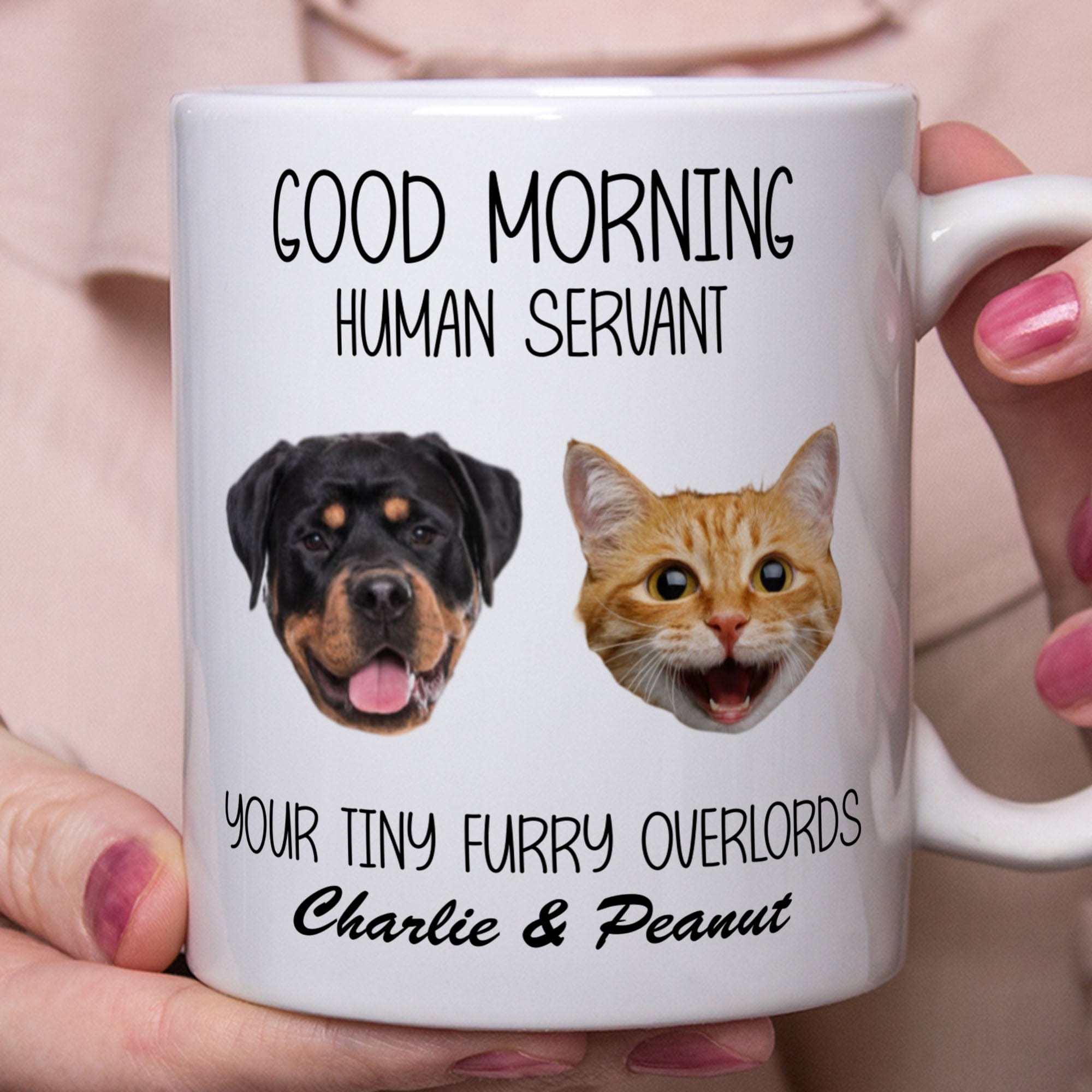 Good Morning Human Servant Personalized Custom Photo Dog Cat Head Coffee Mug