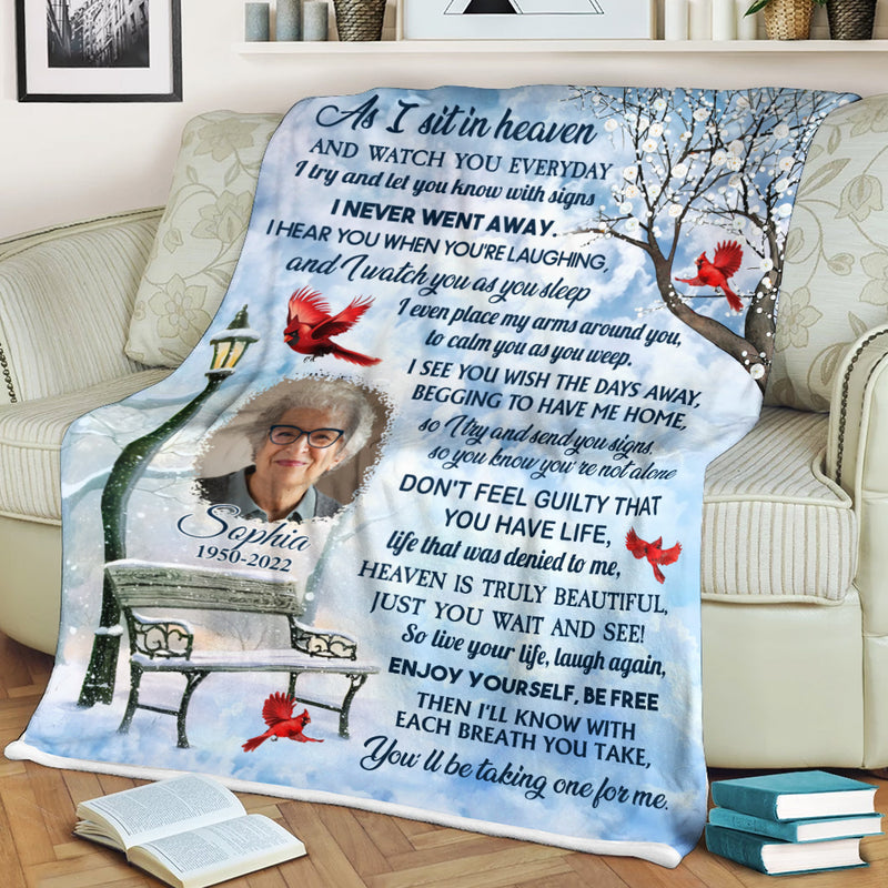Memorial Upload Photo Cardinal Winter, As I Sit In Heaven Personalized Fleece Blanket