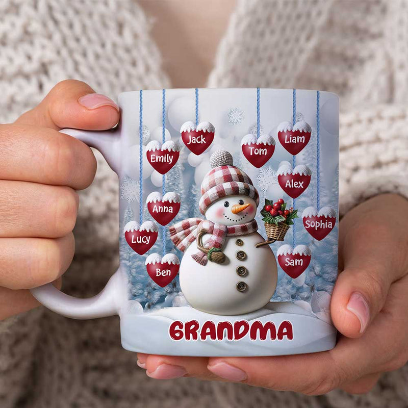 Happy Christmas Snowman Grandma Mom Hanging Sweet Heart Kids Personalized Blue Vibe Mug