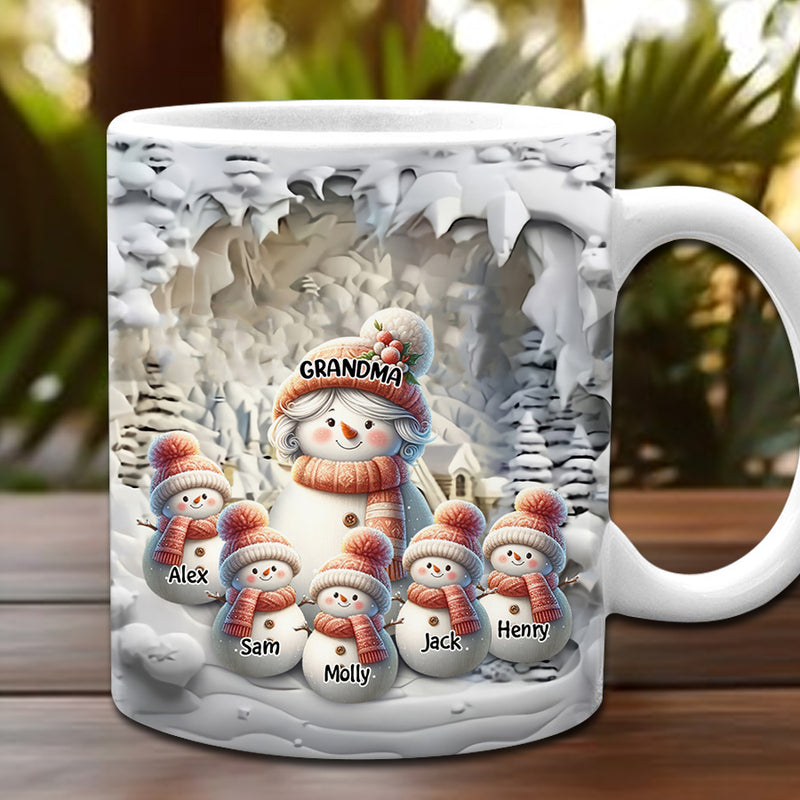 3d Snowy Christmas Grandma Snowman With Cute Snowman Kids Personalized 3d Mug