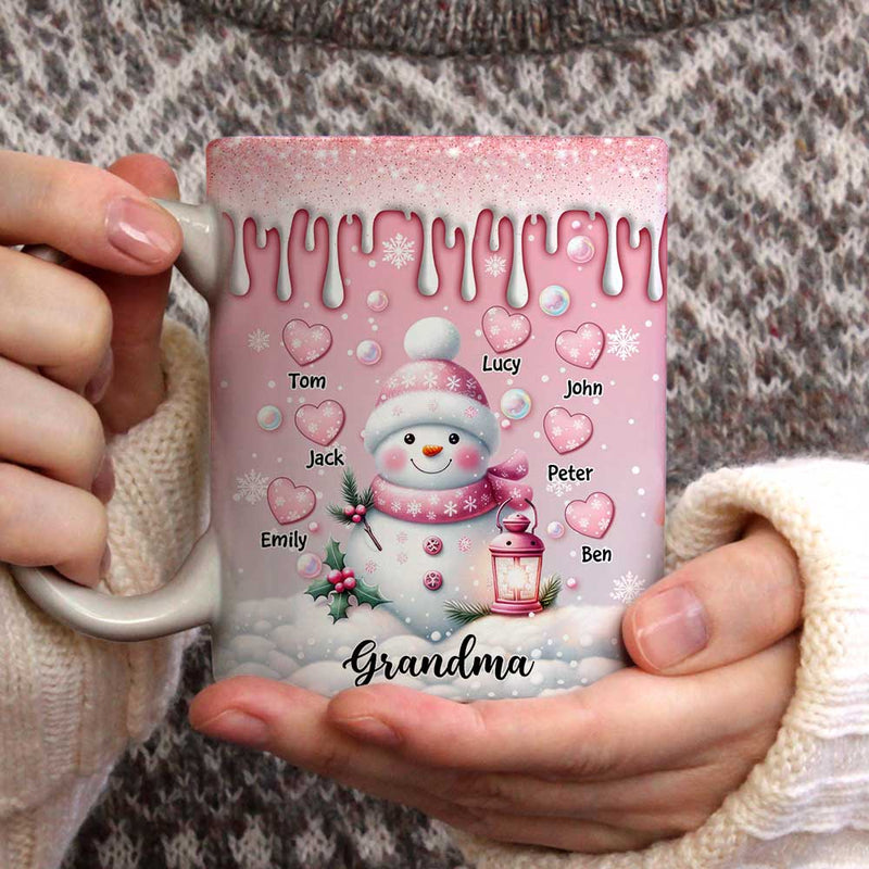 Sweet Pinky Snowman Grandma Mom Heart Kids Personalized 3d Mug