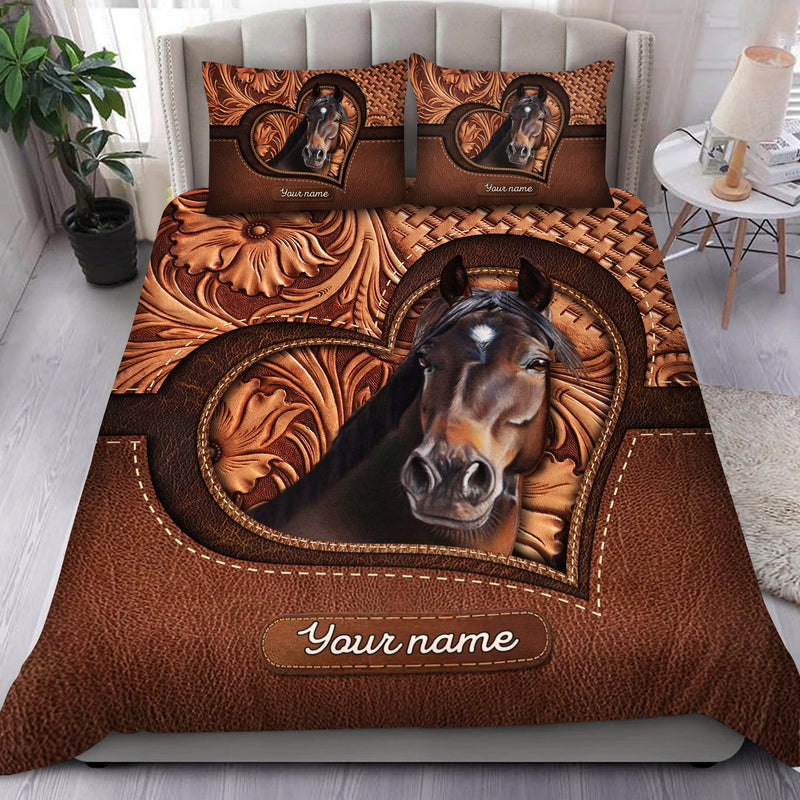 Love Horse Breeds Custom Name Hoofprint Leather Pattern Personalized Bedding Set