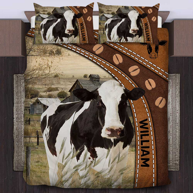 Love Cow Breeds Cattle Farm Custom Name Leather Texture Personalized Bedding Set