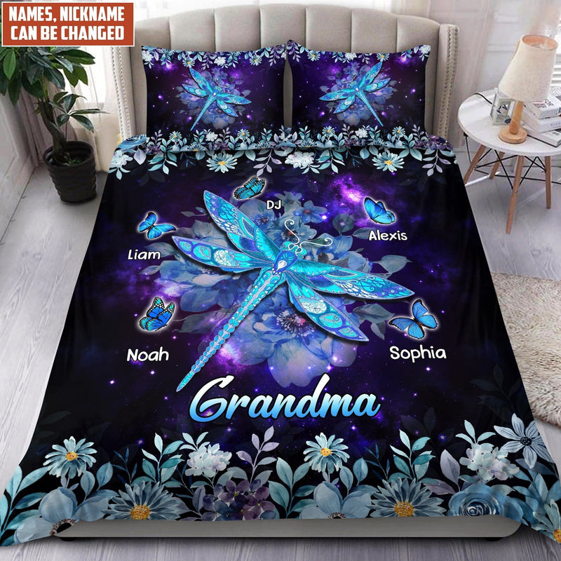 Dragonfly And Butterflies With Flowers Grandma With Grandkids Personalized Bedding Set