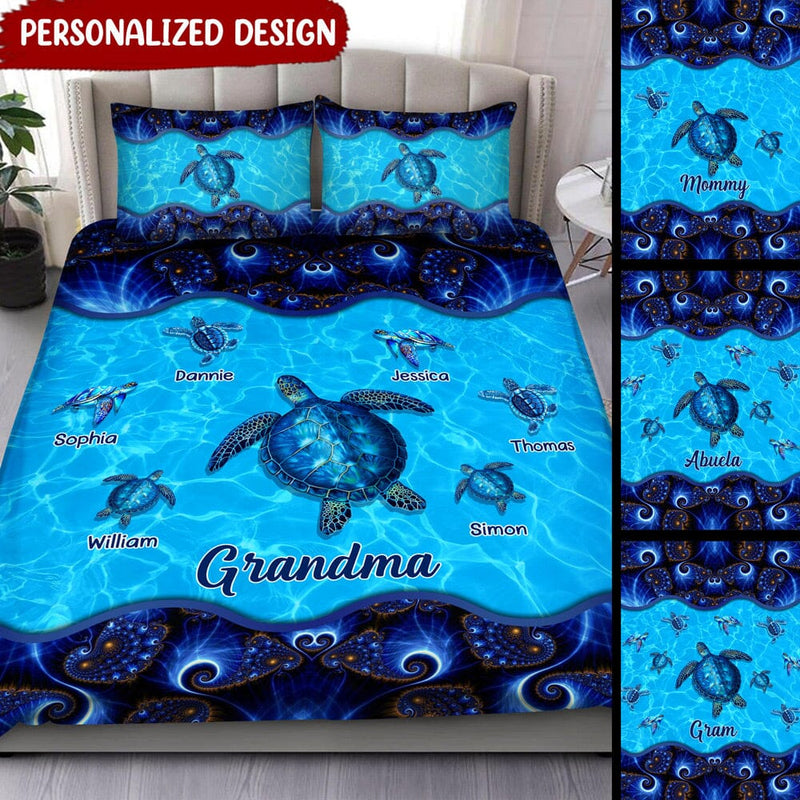 Grandma With Grandkids Blue Turtle Personalized Mommy, Grandma, Auntie Bedding Set