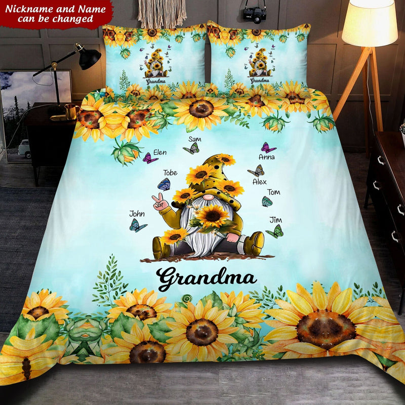 Sunflower Gnome Butterflies Grandma With Grandkids Personalized Bedding Set