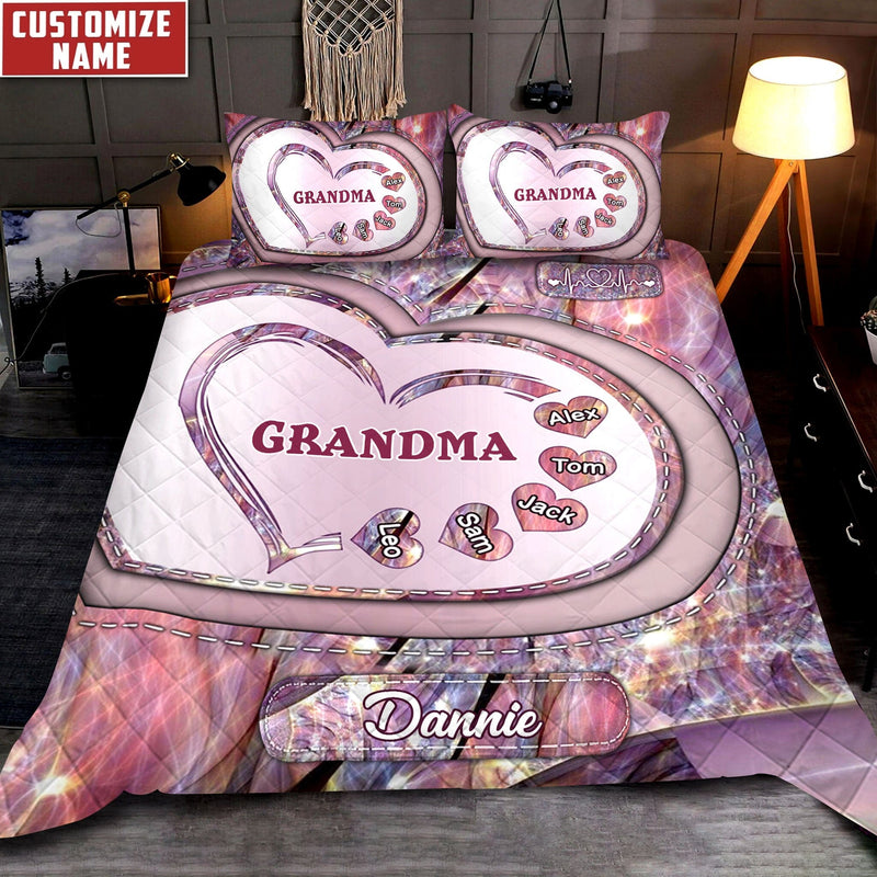 Sparkling Grandma Mom With Sweet Heart Kids, Multi Colors Personalized Bedding Set