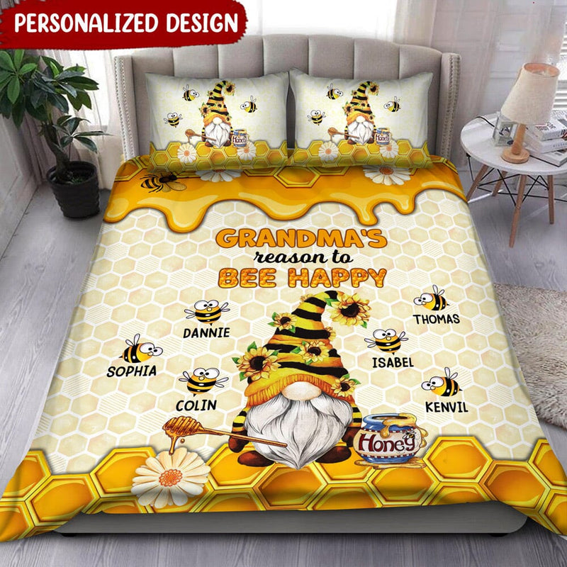 Grandma's Reason To Bee Happy Gnomes Lover Personalized Bedding Set