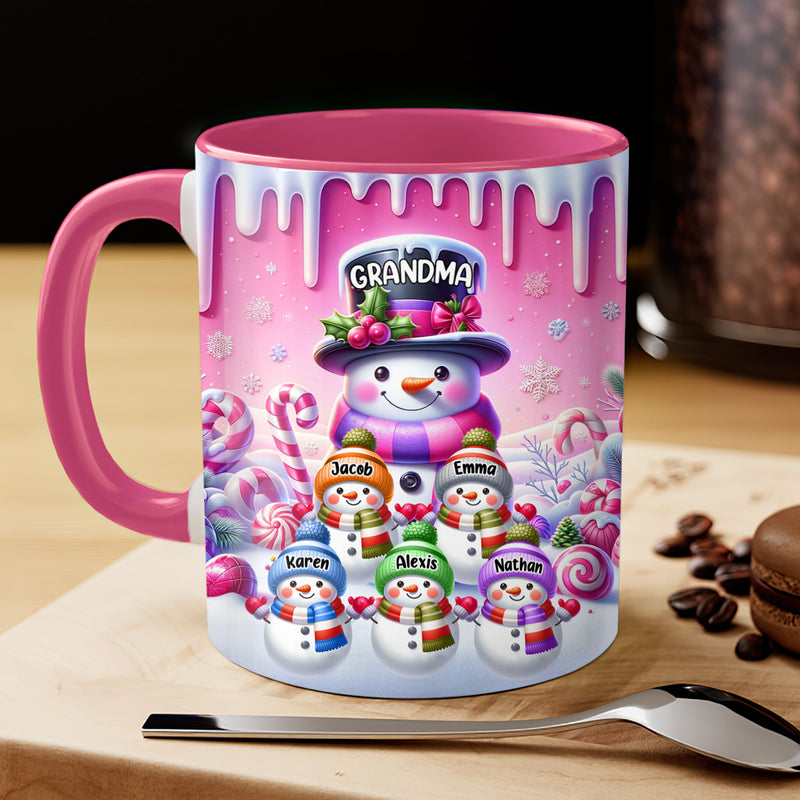 Pink Christmas Snowman Grandma With Grandkids Personalized Accent Mug