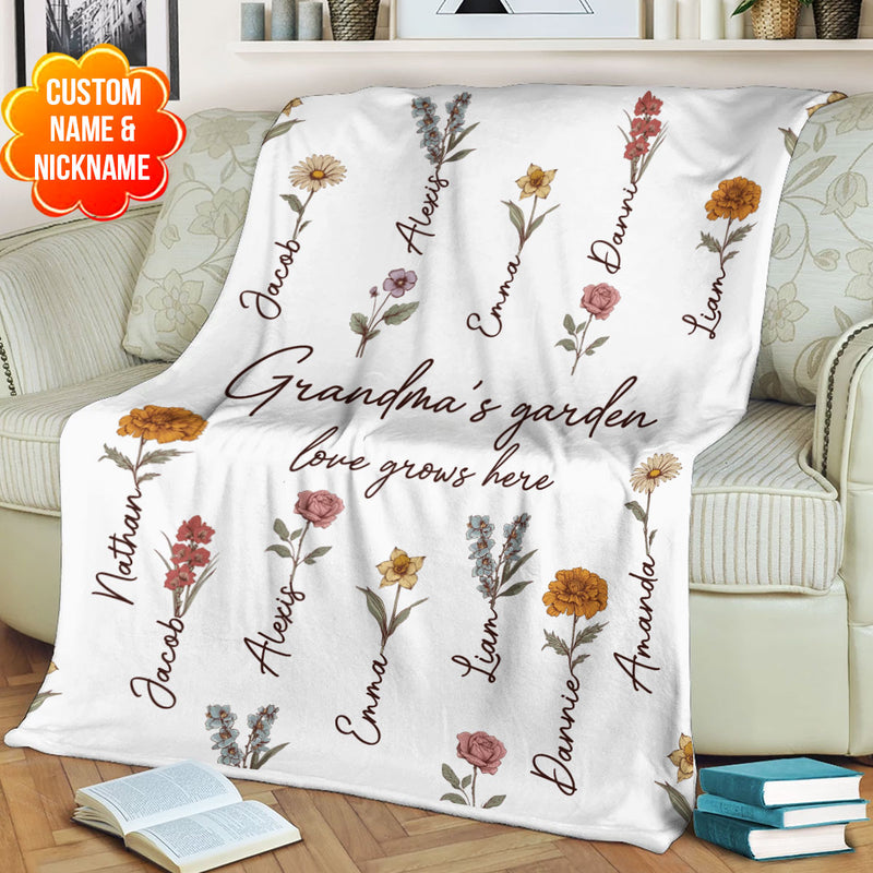 Grandma's Garden Love Grows Here Custom Name Kids Personalized Fleece Blanket
