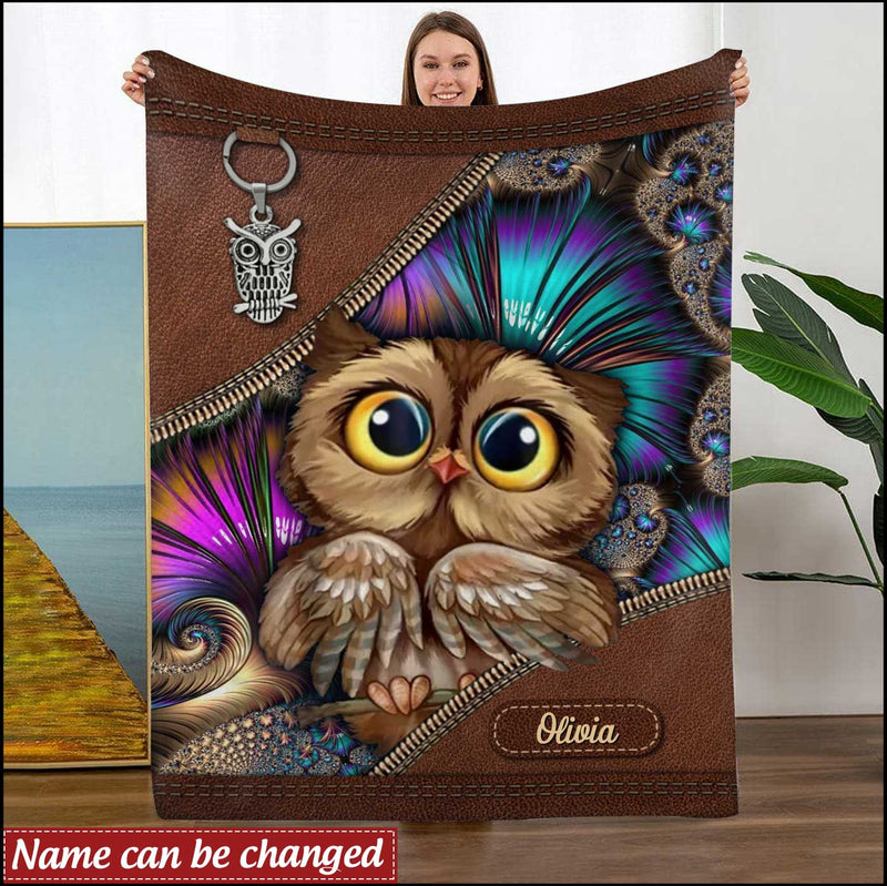 Owl Custom Name Leather Pattern Personalized Fleece Blanket