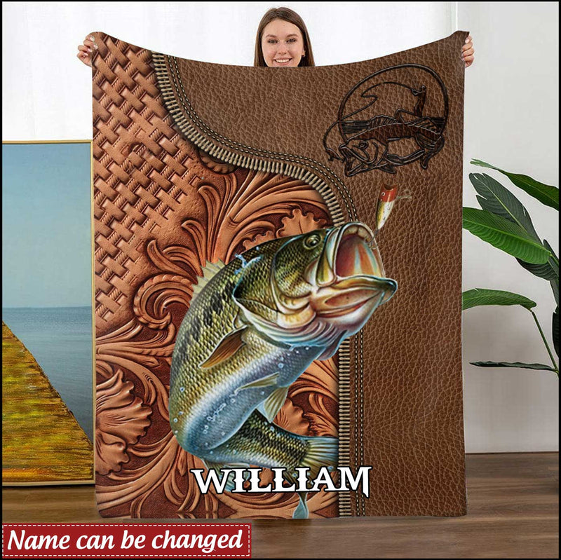 Bass Fishing Leather Pattern Custom Personalized Fleece Blanket