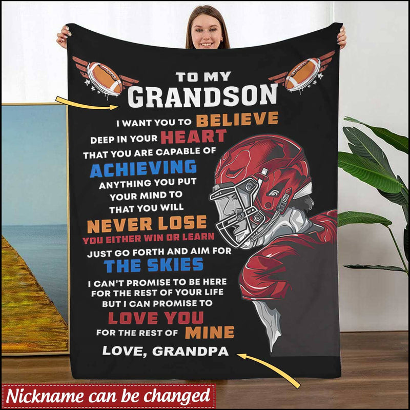 Rugby Football Gift For Grandson From Grandpa Personalized Fleece Blanket
