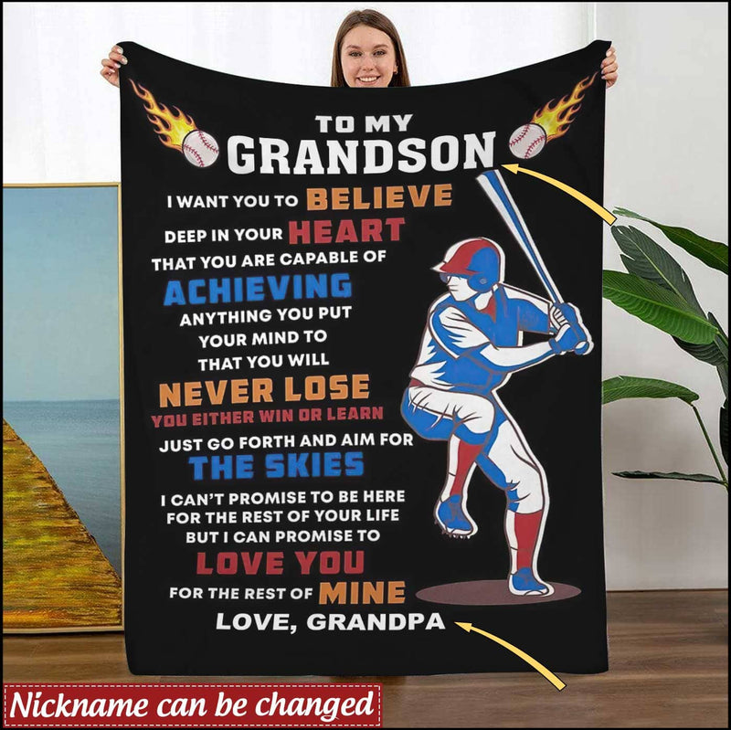 Baseball Gift For Grandson From Grandpa  Personalized Fleece Blanket