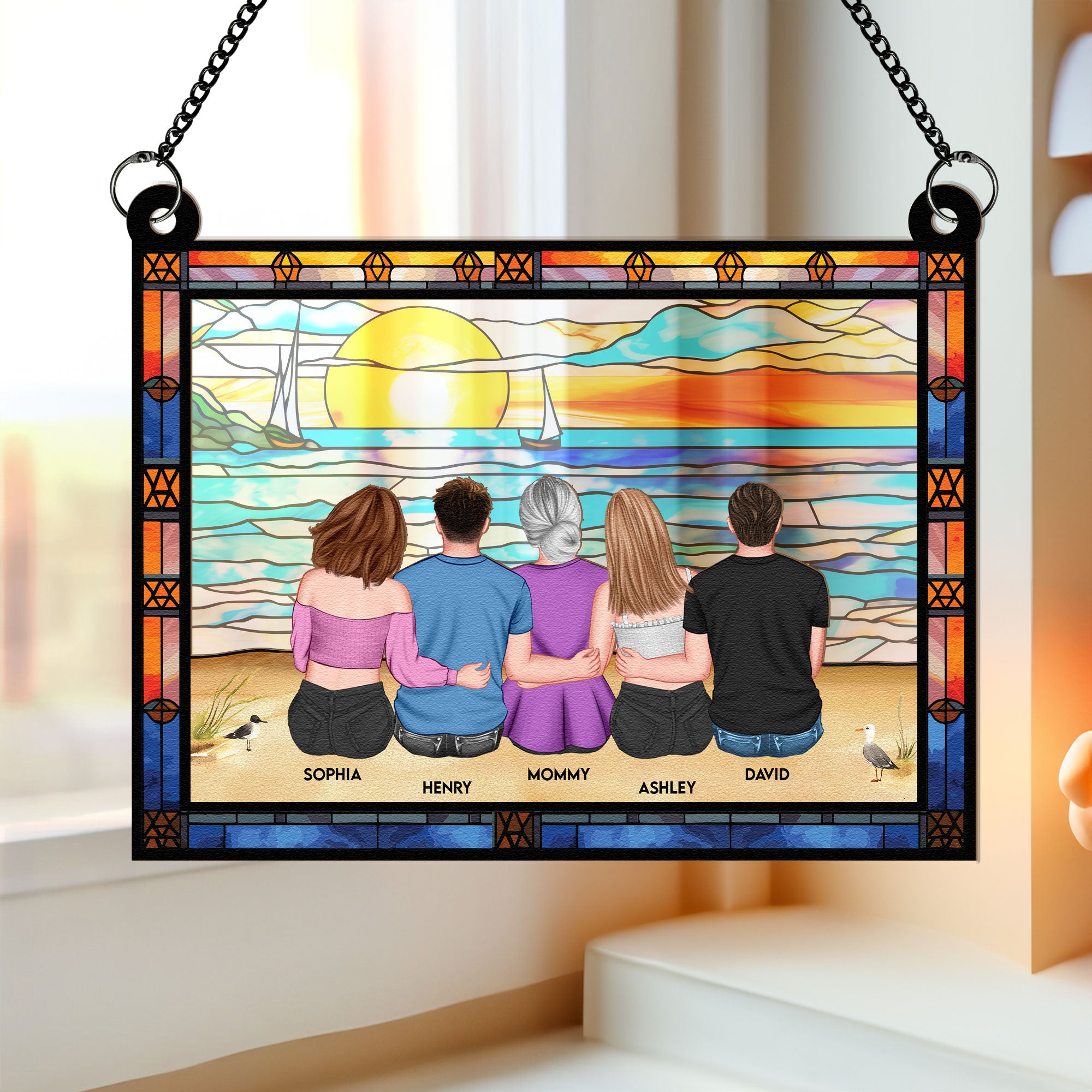 Mom &amp; Children Sitting On The Beach - Personalized Window Hanging Suncatcher Ornament