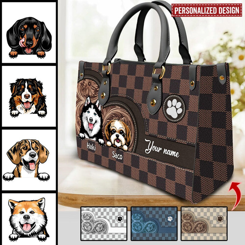 Love Puppy Pet Dogs Pawprints Check Pattern Leather Texture Personalized Lady Handbag