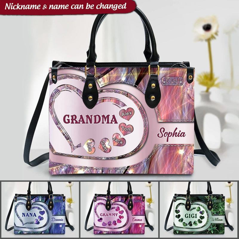 Sparkling Grandma Mom With Sweet Heart Kids, Multi Colors Personalized Leath Handbag