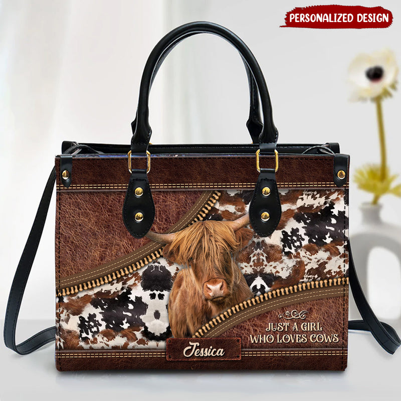 Just A Girl Who Loves Cow Cattle Farm, Black And Brown Cowhide Personalized Leather Bag