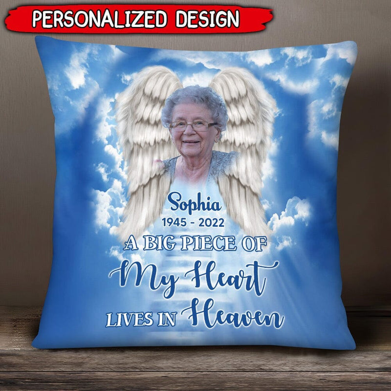 Memorial Upload Photo Wings, A Big Piece Of My Heart Lives In Heaven Personalized Pillow