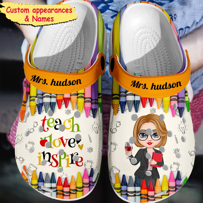 Colorful Crayon Teach Love Inspire Cute Pretty Doll Teacher Personalized Clogs, Teacher's Day Gift