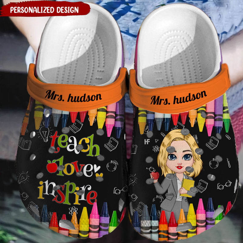 Colorful Crayon Teach Love Inspire Cute Pretty Doll Teacher Personalized Clog, Teacher's Gift