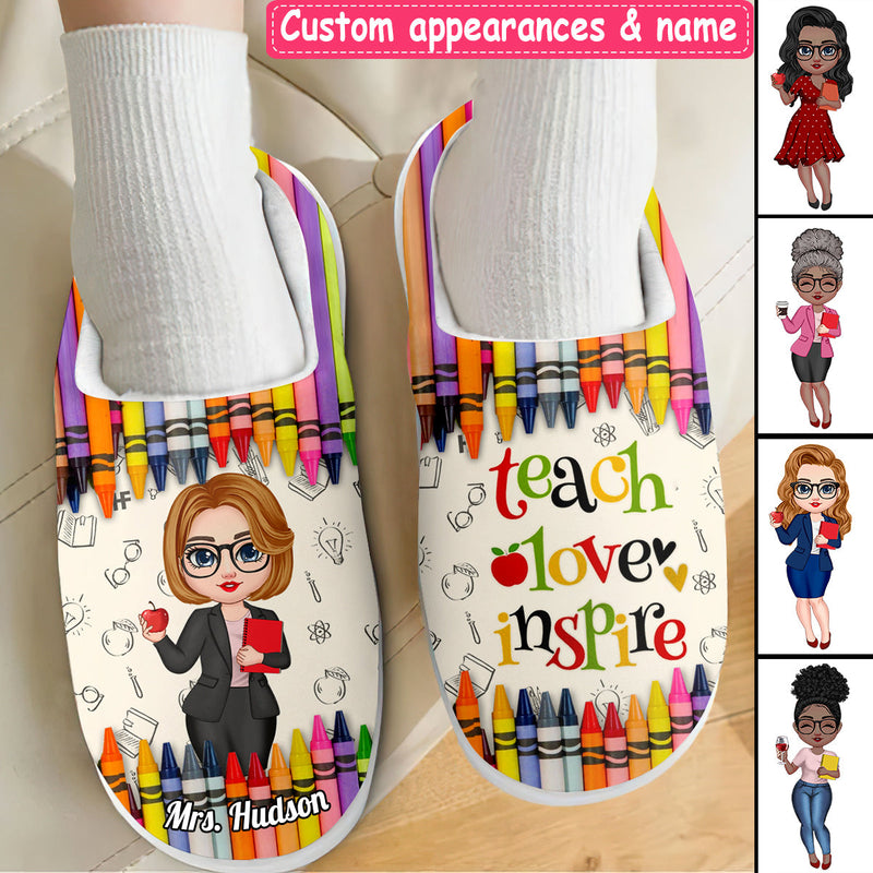 Colorful Crayon Teach Love Inspire Cute Pretty Doll Teacher Personalized Plush Slippers