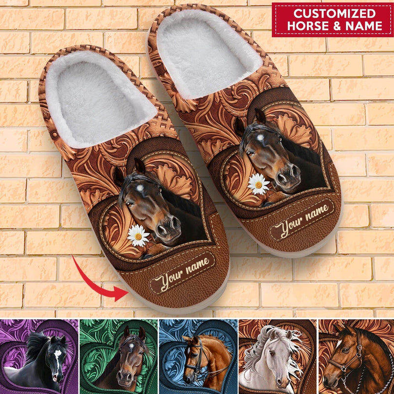 Love Horse Breeds Custom Name Hoofprint Colorful Leather Pattern Plush Slippers