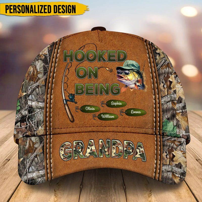 Hooked On Being Grandpa Papa Fishing Camouflage Personalized Classic Baseball Cap 3d