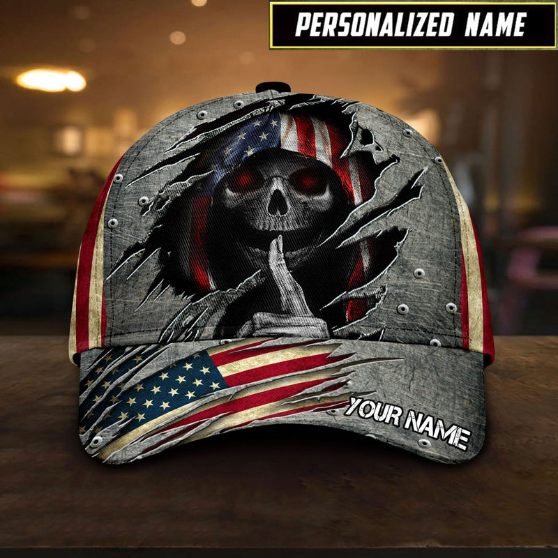 American Flag Skull Custom Name Classic Baseball Cap 3d