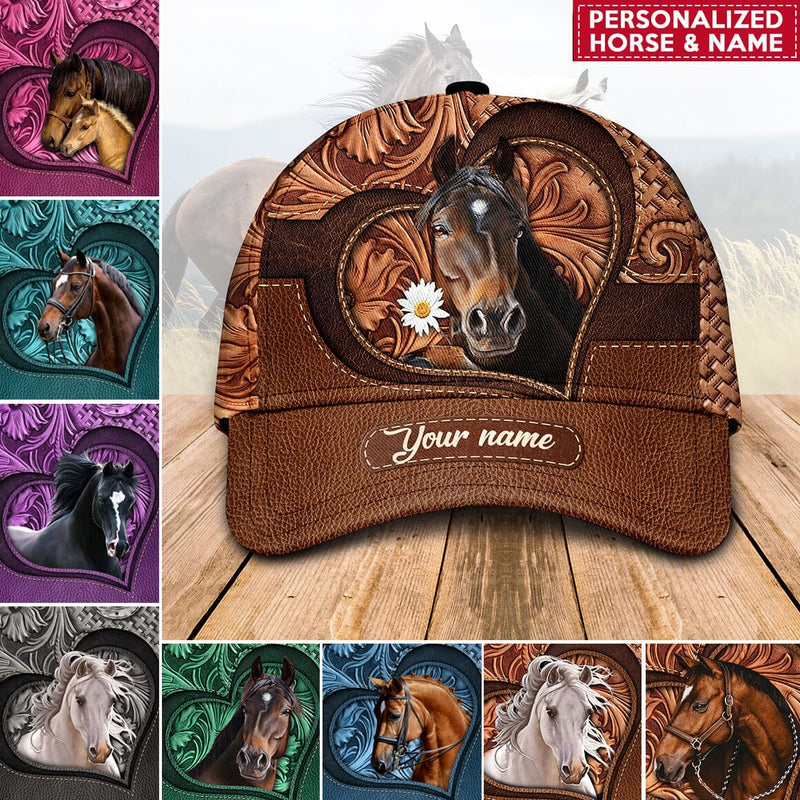 Love Horse Breeds Custom Name Hoofprint Leather Pattern Personalized Baseball Cap 3d
