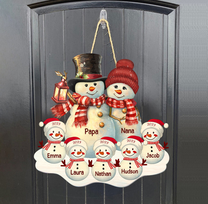 Couple Snowman Christmas Grandma Grandpa With Grandkids Personalized Shape Wooden Sign